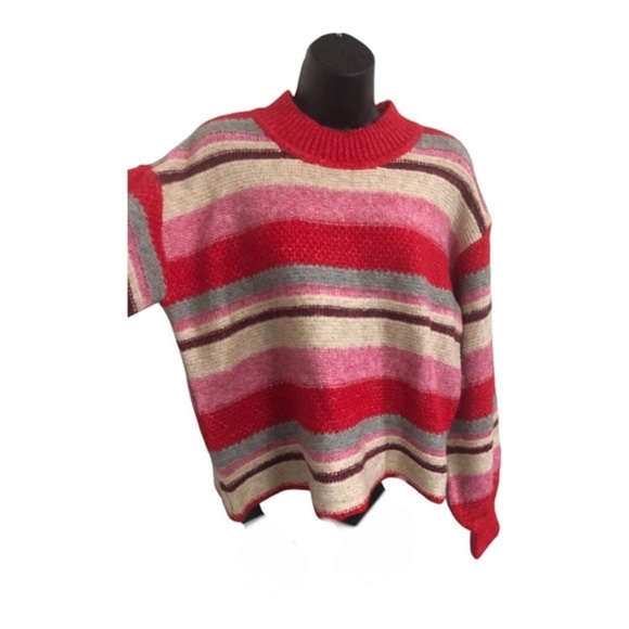 Jessica Simpson pink multi‎ striped fuzzy high crewneck sweater size small new - Picture 8 of 15